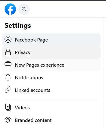 Facebook page settings left menu